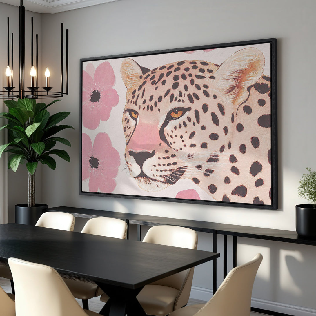 Framed Wall Art featuring a leopard portrait with pink floral accents. Modern, stylish artwork in a neutral and blush color palette for a touch of elegance.