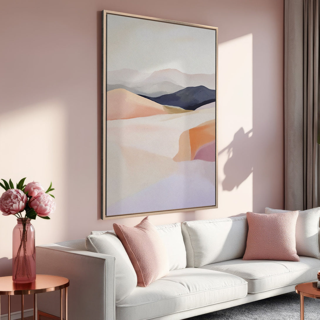 Framed Wall Art: Abstract landscape art in blush, peach, and navy tones. Modern canvas print adds a touch of elegance to any living room.