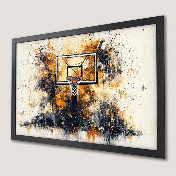 Framed Poster of a basketball hoop in an abstract style with orange, black, and white color palette. Perfect wall art!