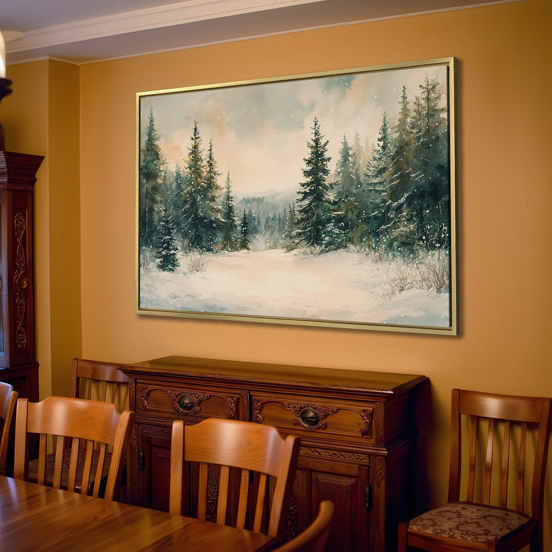 Canvas Print of a serene winter forest scene. Watercolor style with muted greens, blues, and beige tones. Perfect for cozy living room decor.