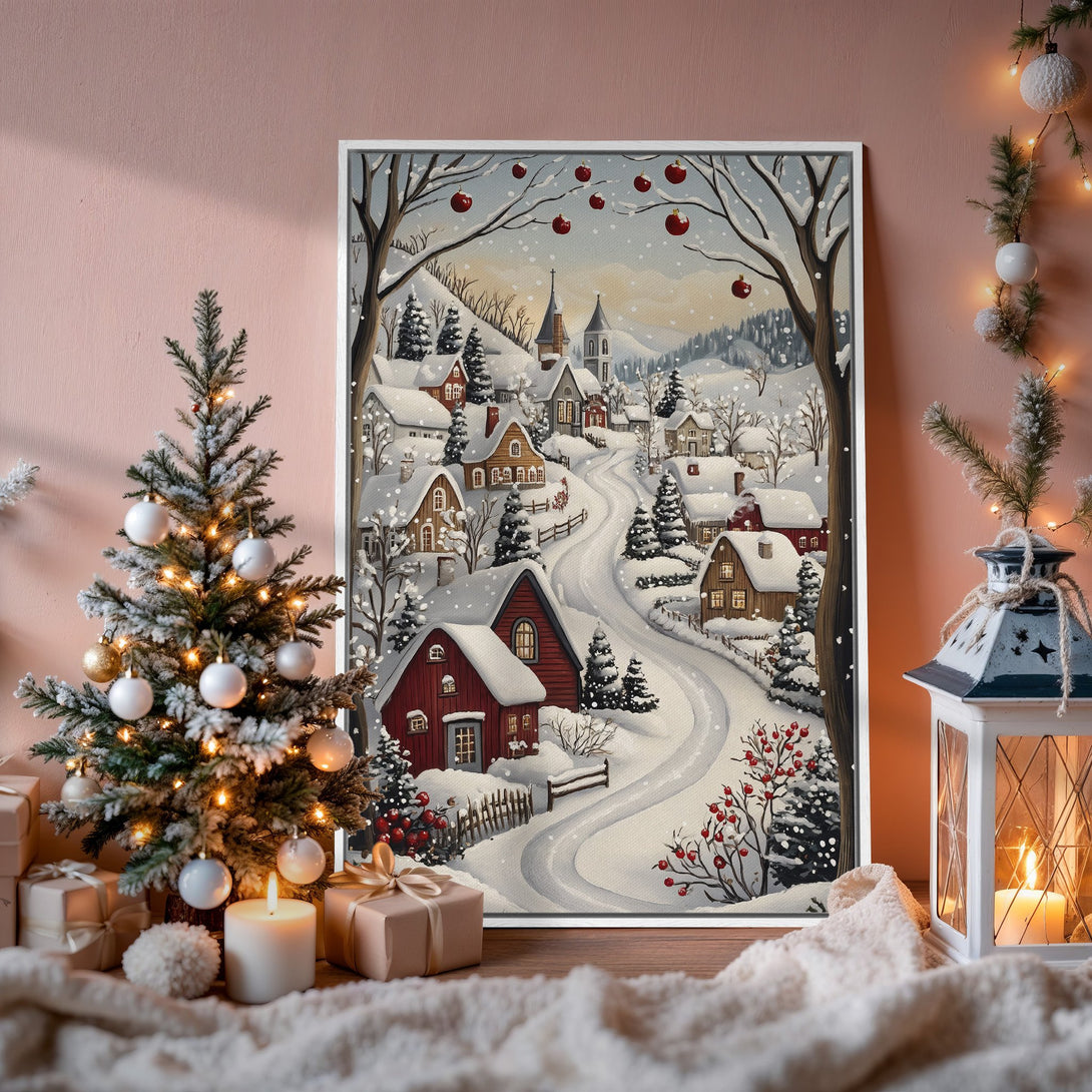 Framed Wall Art: Winter village scene in a cozy interior. Charming, painterly style with a snowy landscape and warm, inviting color palette. Perfect for holiday decor.