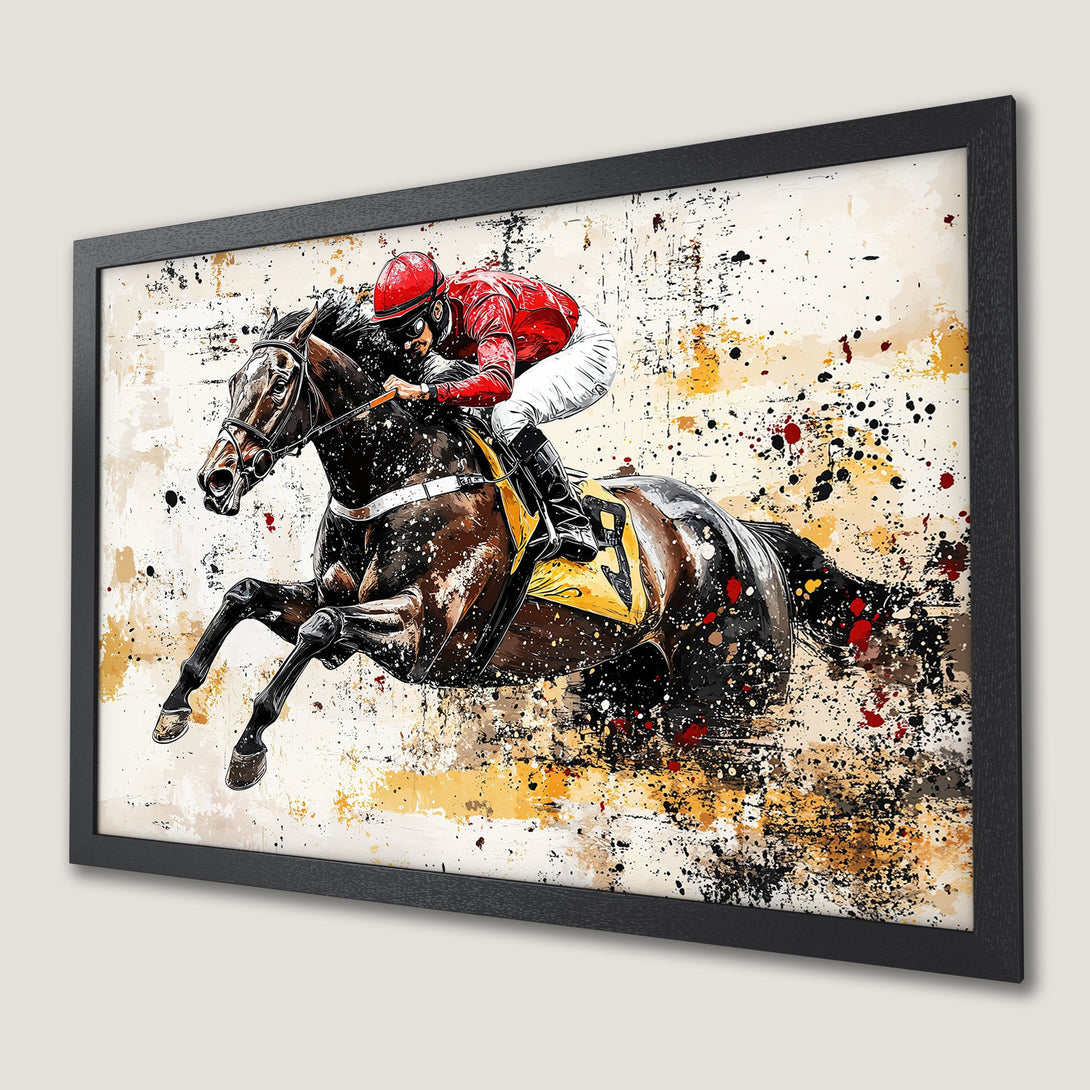 Framed Poster of a racehorse and jockey in an abstract style, featuring a red, black, and gold color palette.