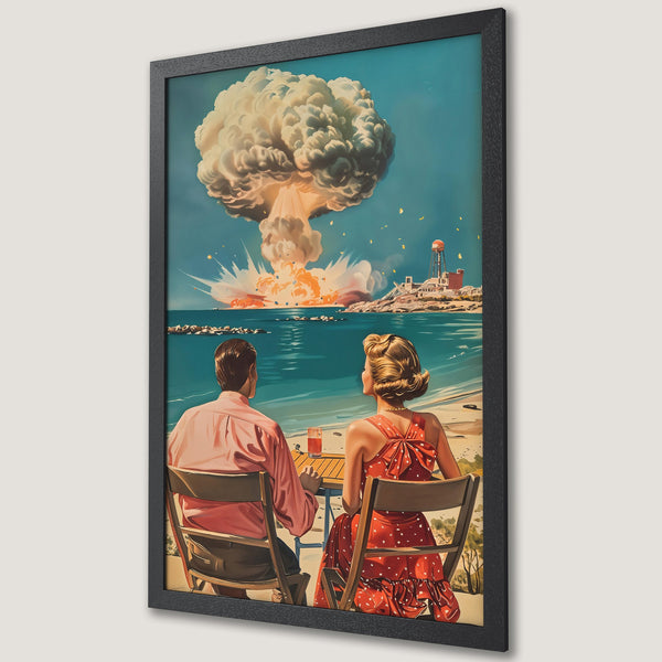 Framed Poster: Retro couple watches explosion. Vintage style art with teal, red, and beige color palette. Unique wall art for home decor.