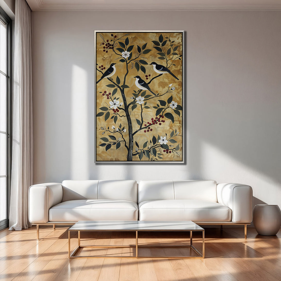 Framed Wall Art: Birds on a tree in a gold and neutral palette. Modern art for living room decor.