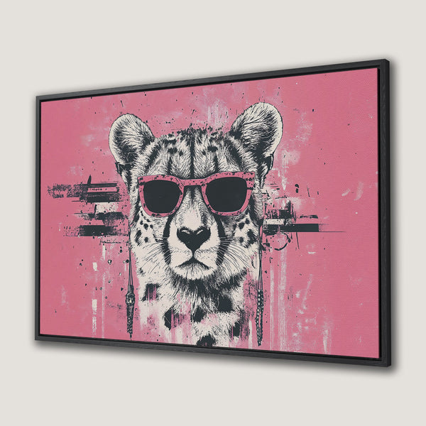 Framed Wall Art featuring a cool cheetah wearing sunglasses, in a modern, pop art style with a pink and black color palette.
