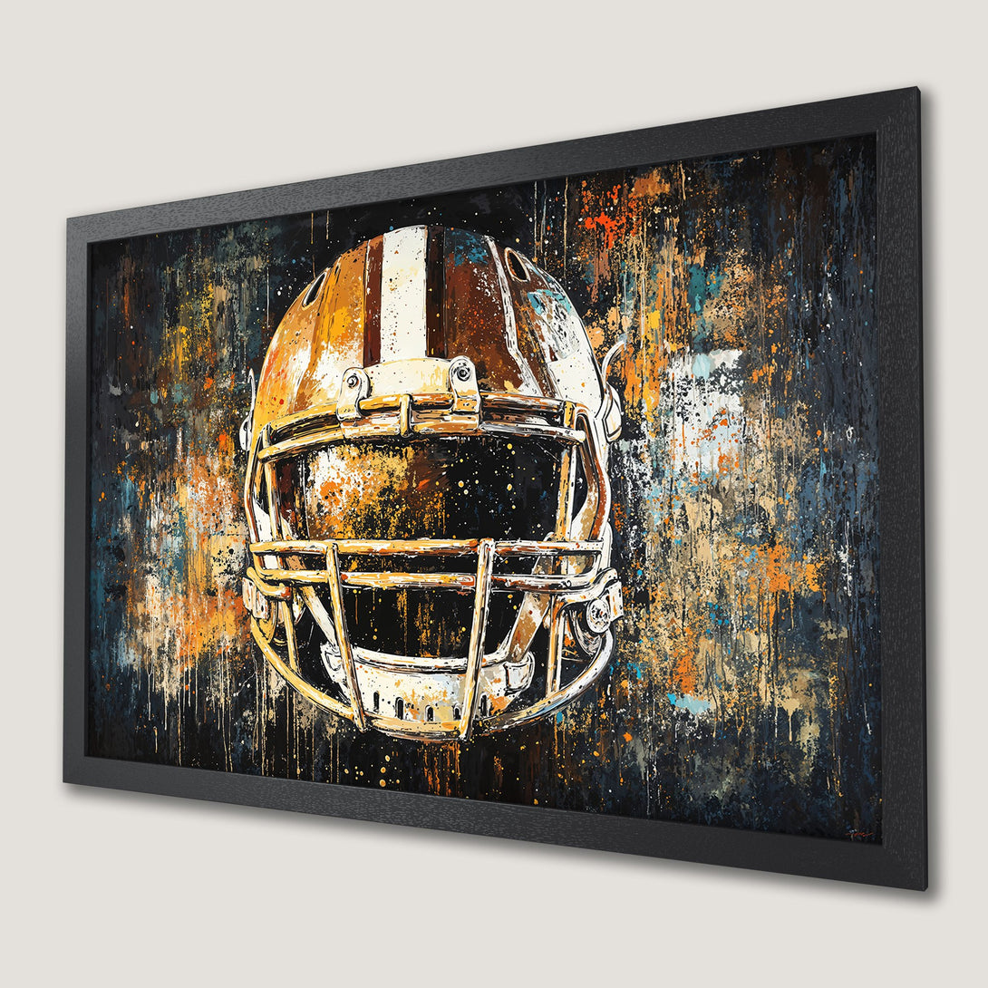 Framed Poster of an abstract football helmet with a bold, colorful, and modern style. Features a palette of gold, orange, and blue.
