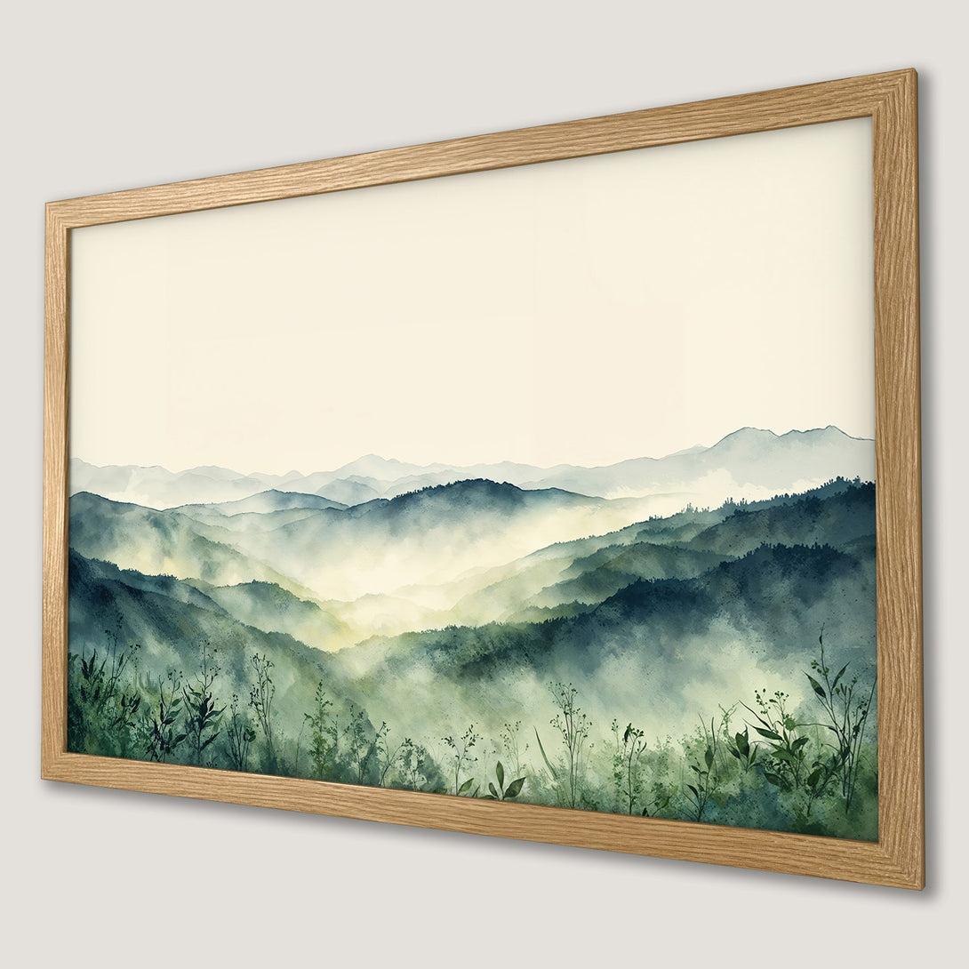 Framed Poster featuring a watercolor mountain landscape in calming blues and greens. Perfect wall art for a serene home.