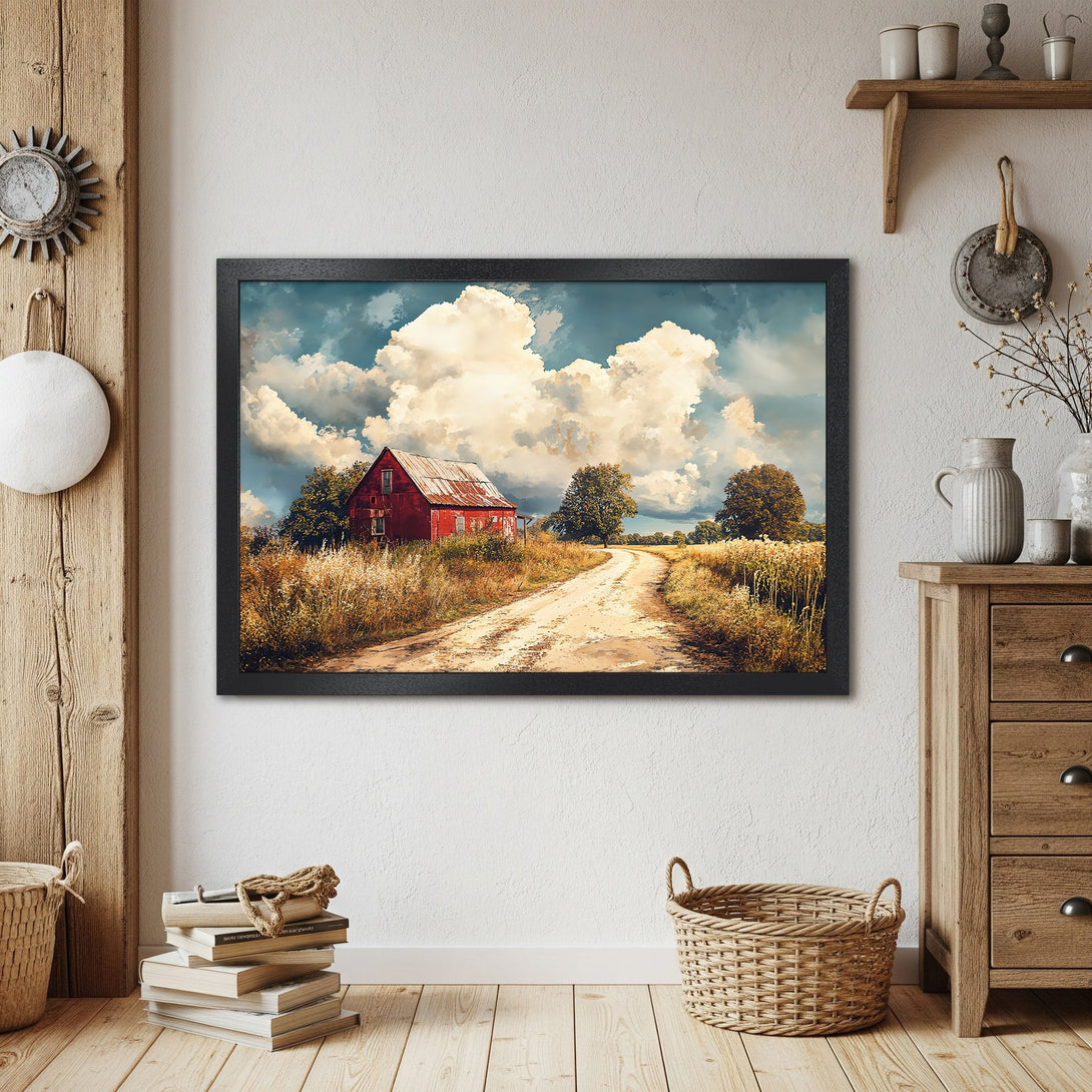 Framed Poster featuring a red barn landscape painting. Rustic style with a warm, earthy color palette. Add a touch of country charm to your home!