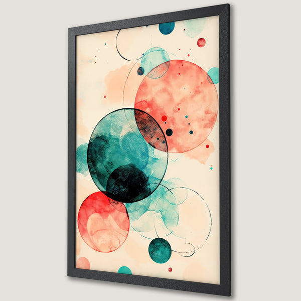 Framed Poster featuring abstract watercolor circles in red, teal, and peach tones. Modern art print for home decor.