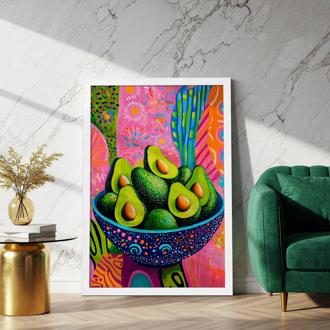 Framed Poster of colorful avocado art, vibrant pop art style with pink, green, and blue hues. Perfect kitchen decor!