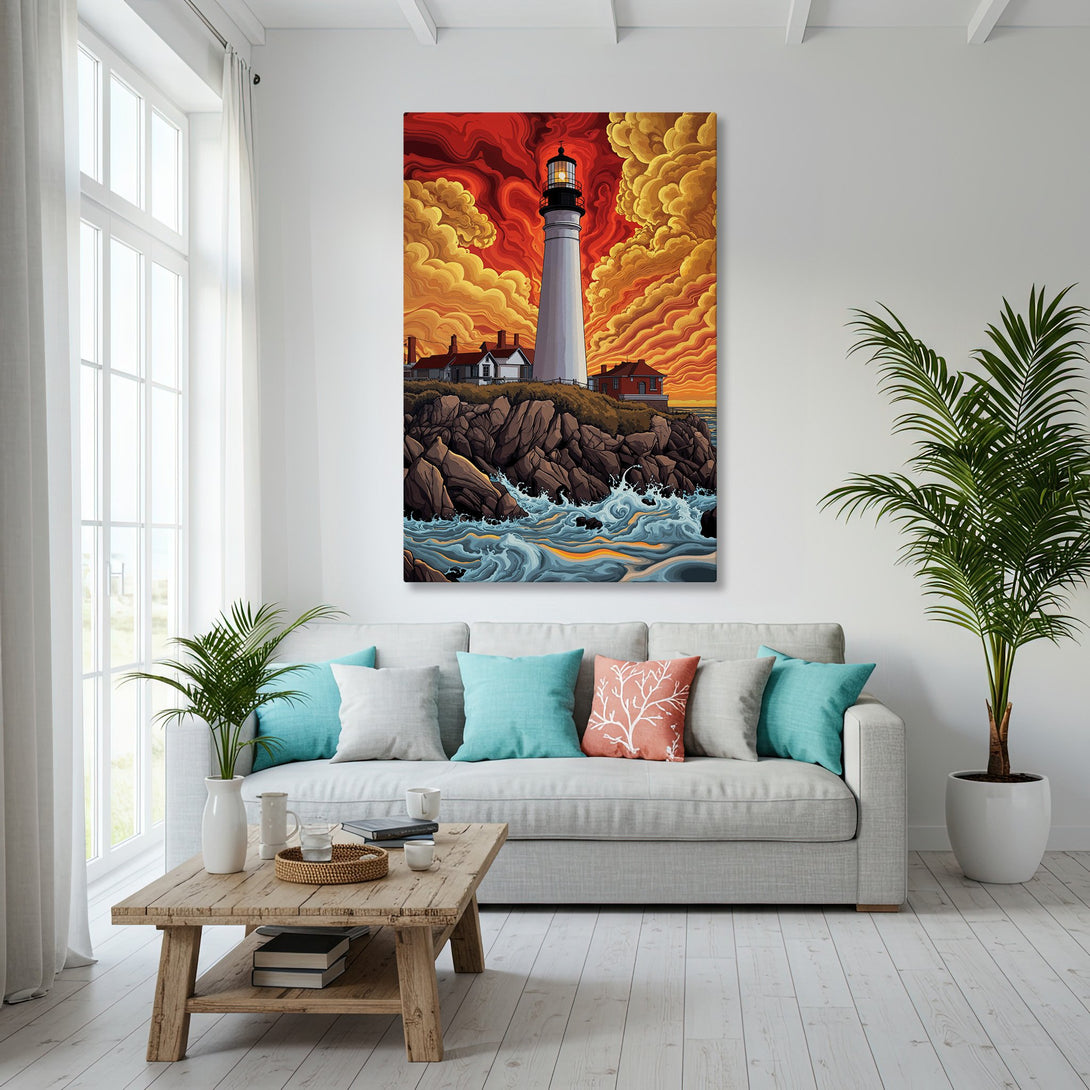Framed Wall Art featuring a lighthouse scene with vibrant orange and blue hues. Coastal art in a modern living room setting.