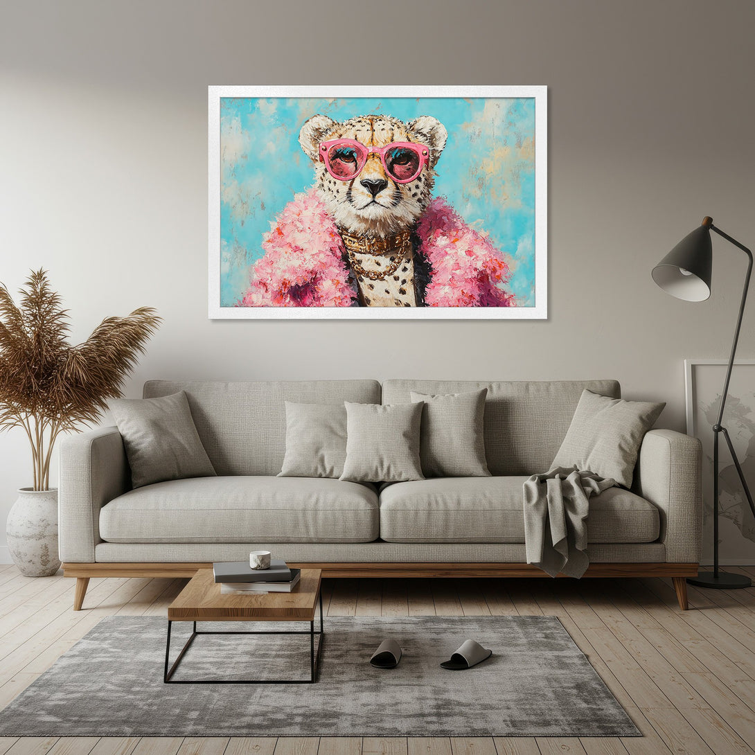 Framed Poster featuring a cheetah in pink sunglasses and boa. Pop art style with a vibrant pink, blue, and gold color palette. Add a touch of fun to your space!