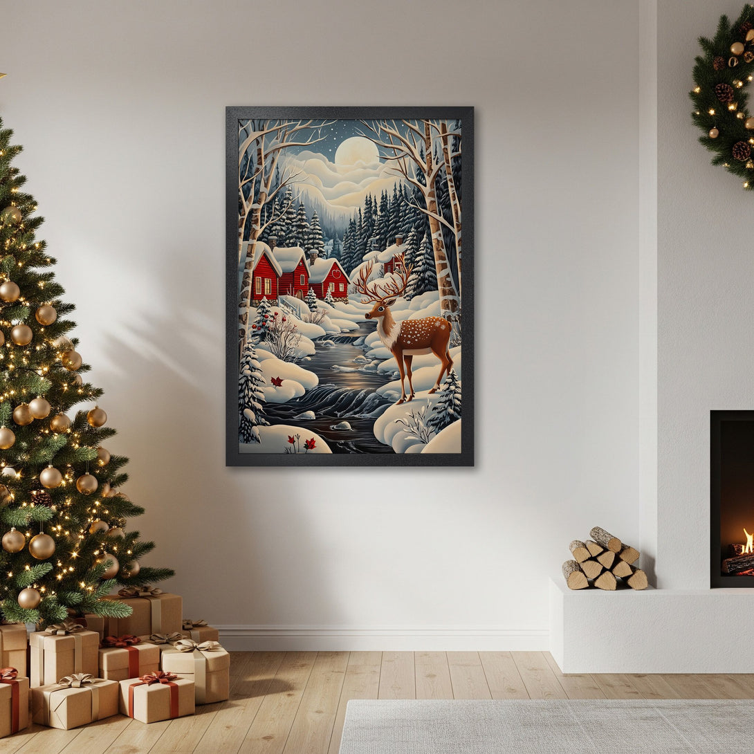 Framed Poster of winter landscape with a deer, red houses, and snowy trees. Soft, illustrative style with cool blues, whites, and red accents.