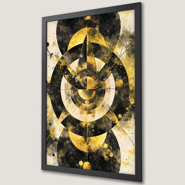 Framed Poster featuring an abstract geometric design in black, gold, and cream. Modern art print perfect for home decor.