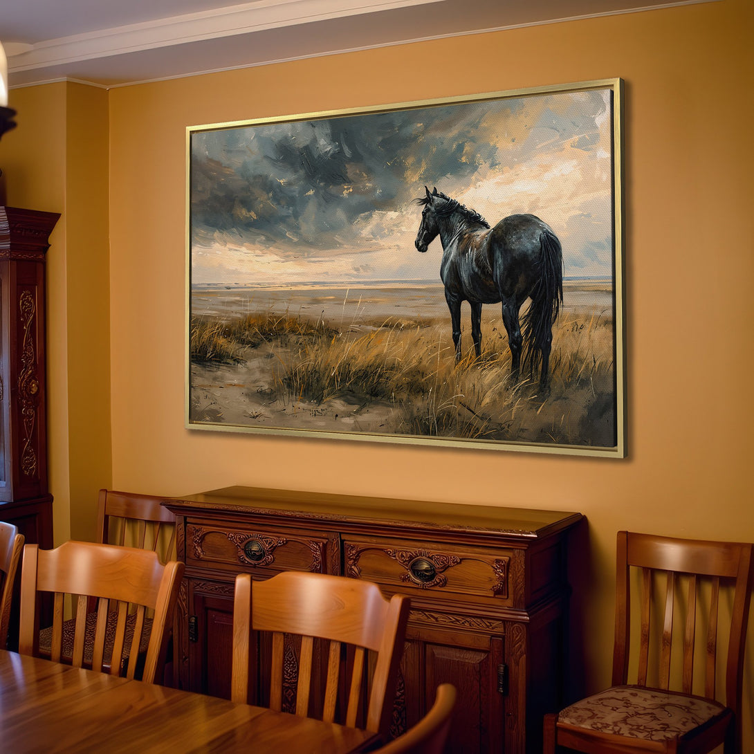 Canvas Print of a majestic black horse in a moody landscape. Rustic style with a warm, neutral color palette, perfect for any home decor.