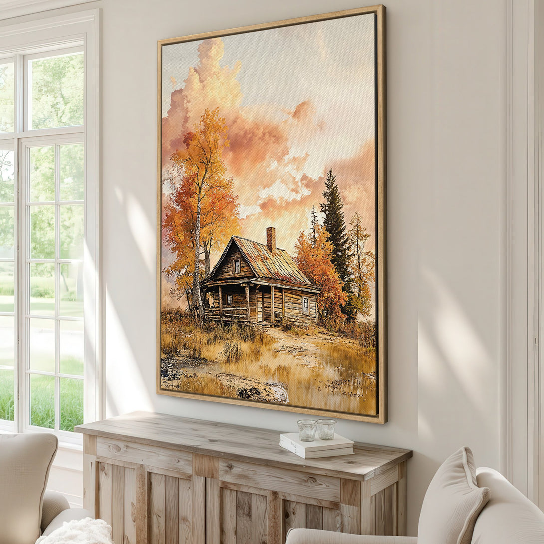Framed Wall Art: Rustic cabin landscape Canvas Print in warm autumn tones. Perfect for adding cozy charm to your home decor.