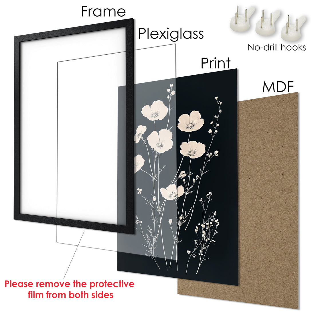 Framed Poster featuring elegant floral art in a minimalist style with a black and neutral color palette. Perfect wall decor!
