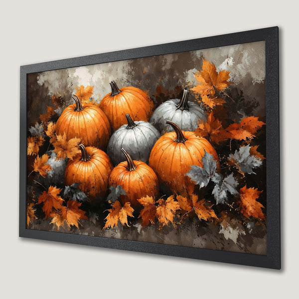 Framed Poster featuring autumn pumpkins and leaves in an artistic style with orange, gray, and brown hues. Perfect fall decor!
