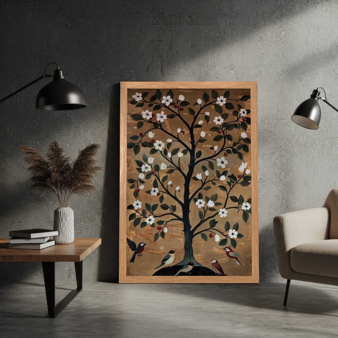 Framed Poster: Tree of Life art print with birds, vintage style, warm earth tones. Perfect wall decor for any room.