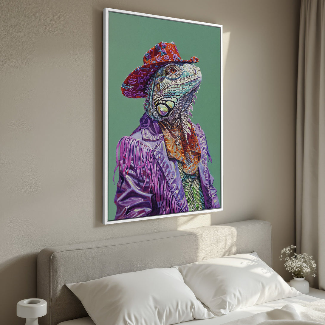 Framed Wall Art: Whimsical iguana portrait in a cowboy hat & jacket, vibrant purple, red, and green color palette. Unique wall decor for a stylish interior.