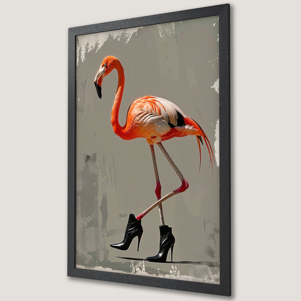 Framed Poster featuring a stylish flamingo in heels. Modern art print with a vibrant orange and gray color palette. Perfect wall decor!