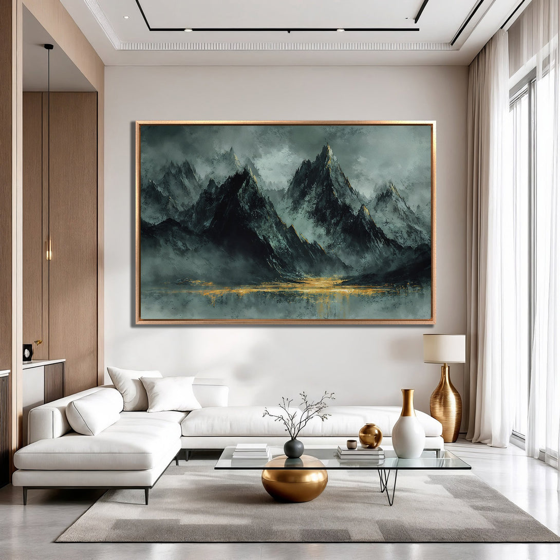 Framed Wall Art: Dramatic mountain landscape canvas print in moody teal and gold tones, perfect for modern living room decor.