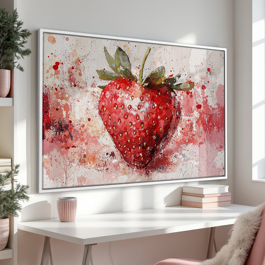 Framed Wall Art: Abstract strawberry painting in red and pink hues. Modern art for your home decor. Canvas Print for kitchen or dining room.