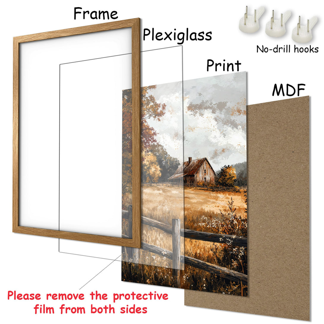 Framed Poster of a rustic landscape painting. Warm earth tones and a cozy, inviting style. Perfect wall art!