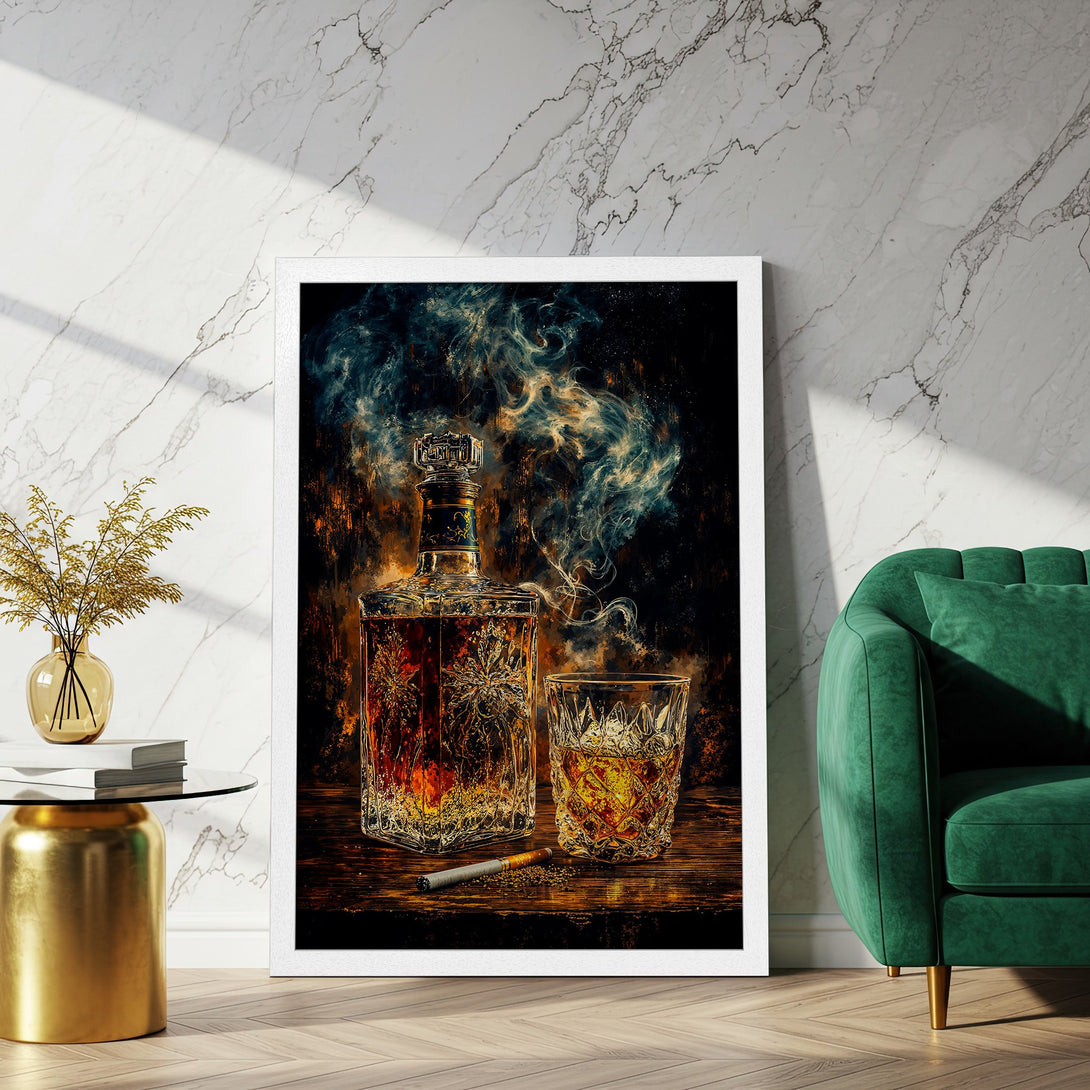Framed Poster featuring whiskey and smoke art. Dark, moody style with warm brown and gold tones. Perfect wall art for your home bar!