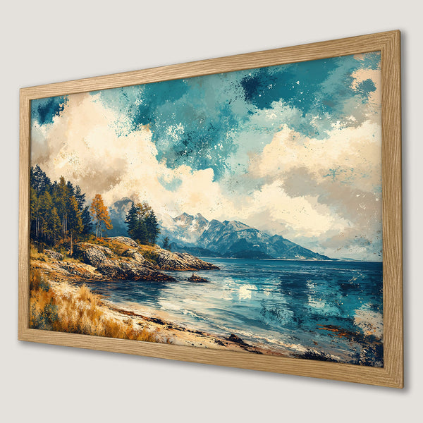 Framed Poster of a serene landscape painting. Featuring mountains, water, and trees in a blue and beige palette.