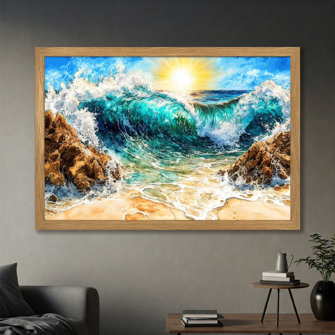 Framed Poster of a vibrant watercolor wave crashing on the shore. Featuring a blue, turquoise, and yellow color palette, perfect for coastal decor.