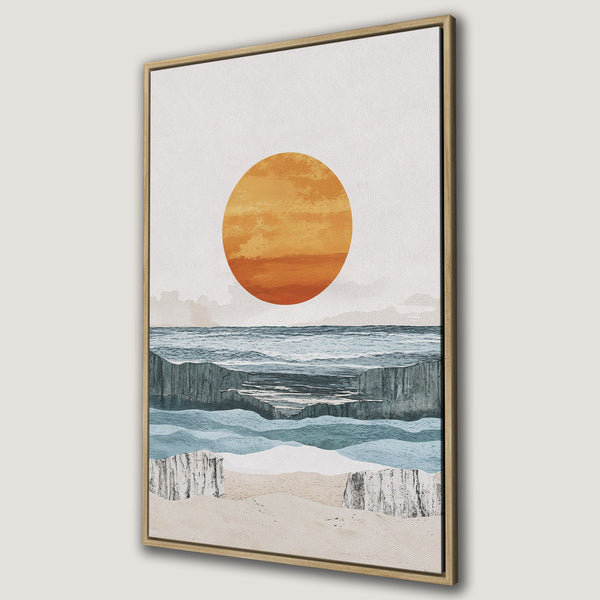 Framed Wall Art: Abstract landscape Canvas Print with warm sunset colors. Modern art piece featuring ocean and sun in a calming, neutral color palette.