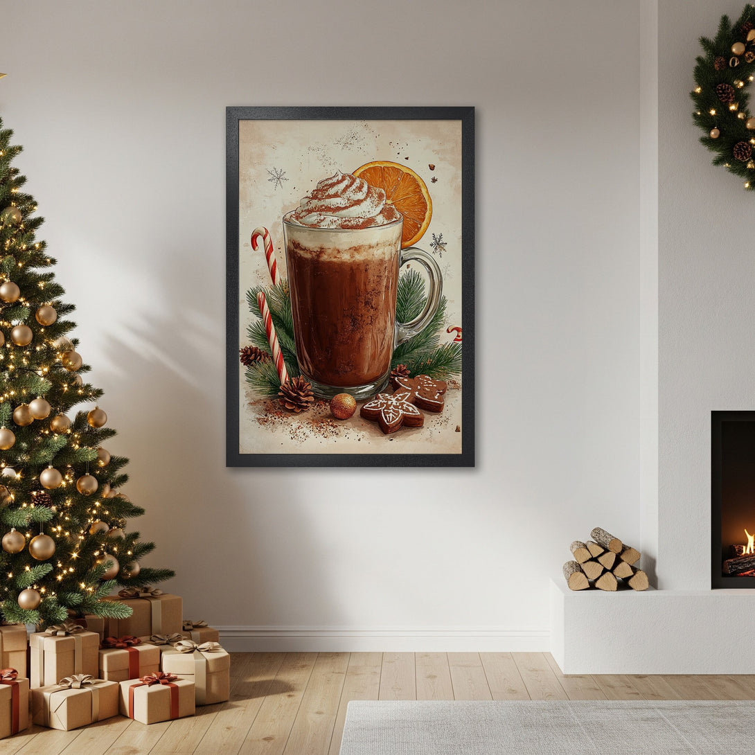 Framed Poster of festive hot chocolate, warm colors, Christmas decor. Perfect holiday wall art!