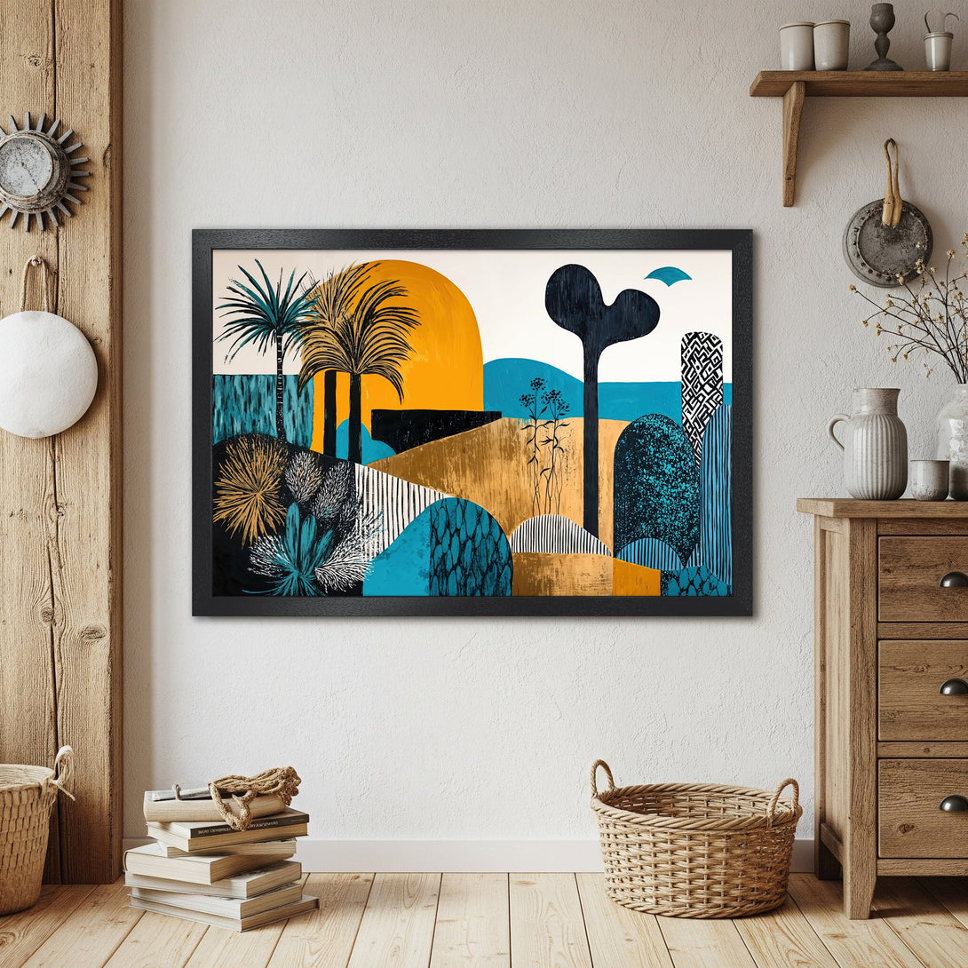 Framed Poster featuring an abstract landscape with palm trees, in a modern style with a teal, gold, and black color palette.