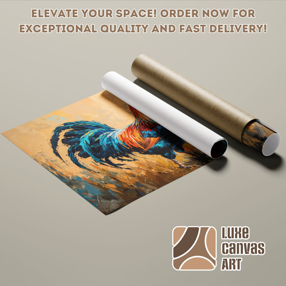 Abstract Rooster Poster Roll in blue, orange, and gold. Elevate your space with art!