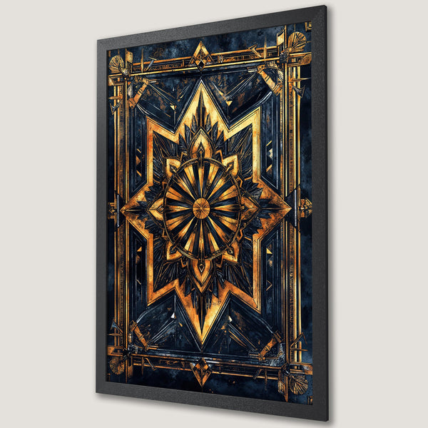 Framed Poster featuring an Art Deco design in gold and navy blue. Perfect wall art for a modern, stylish home.