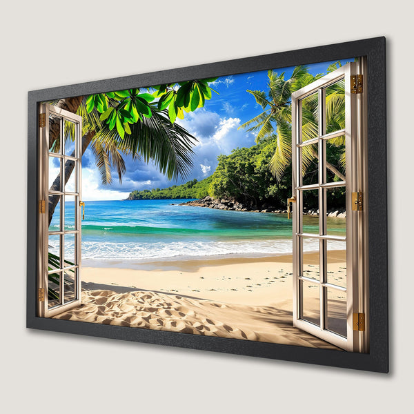 Framed Poster of a tropical beach scene. Vibrant blues, greens, and sandy tones create a relaxing, inviting aesthetic. Perfect for any room!