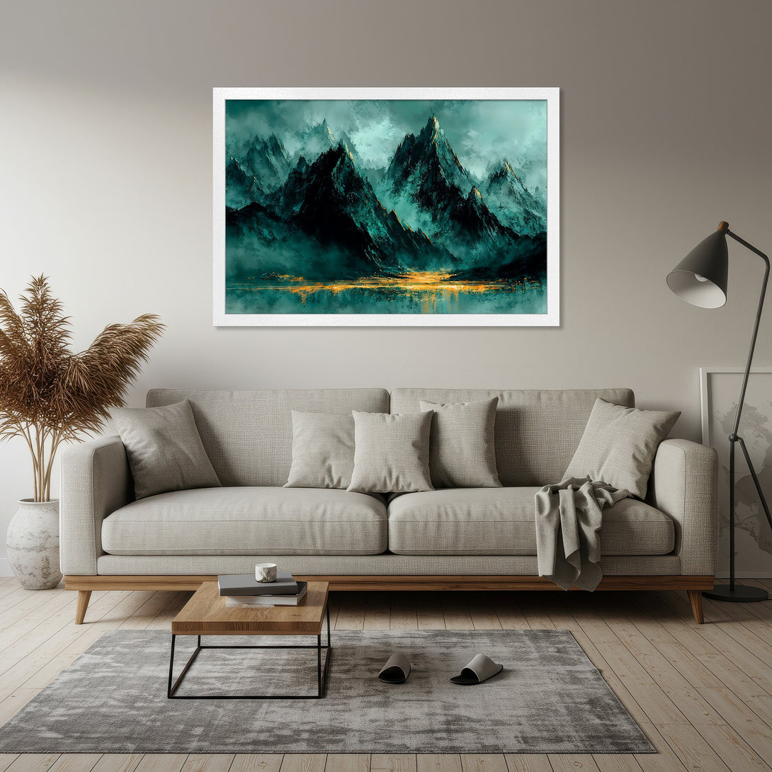 Framed Poster featuring a mountain landscape in teal and gold tones, perfect for modern home decor.