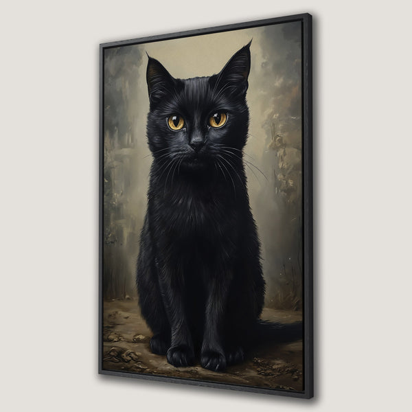 Framed Wall Art: Regal black cat portrait in vintage style. Earthy tones with striking yellow eyes. Perfect for cat lovers.