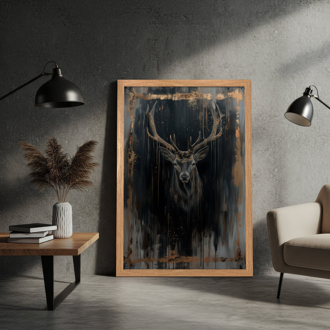 Framed Poster featuring a majestic deer in a dark, artistic style with a black, gray, and gold color palette. Perfect wall art!