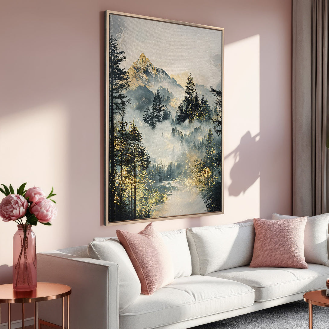 Framed Wall Art: Mountain landscape canvas print in gold and muted tones. Perfect for adding a touch of nature-inspired elegance to your living room.