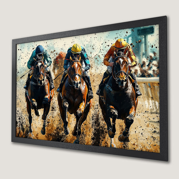 Framed Poster: Horse race art print in vibrant colors. Dynamic equestrian scene, perfect wall decor for sports fans.