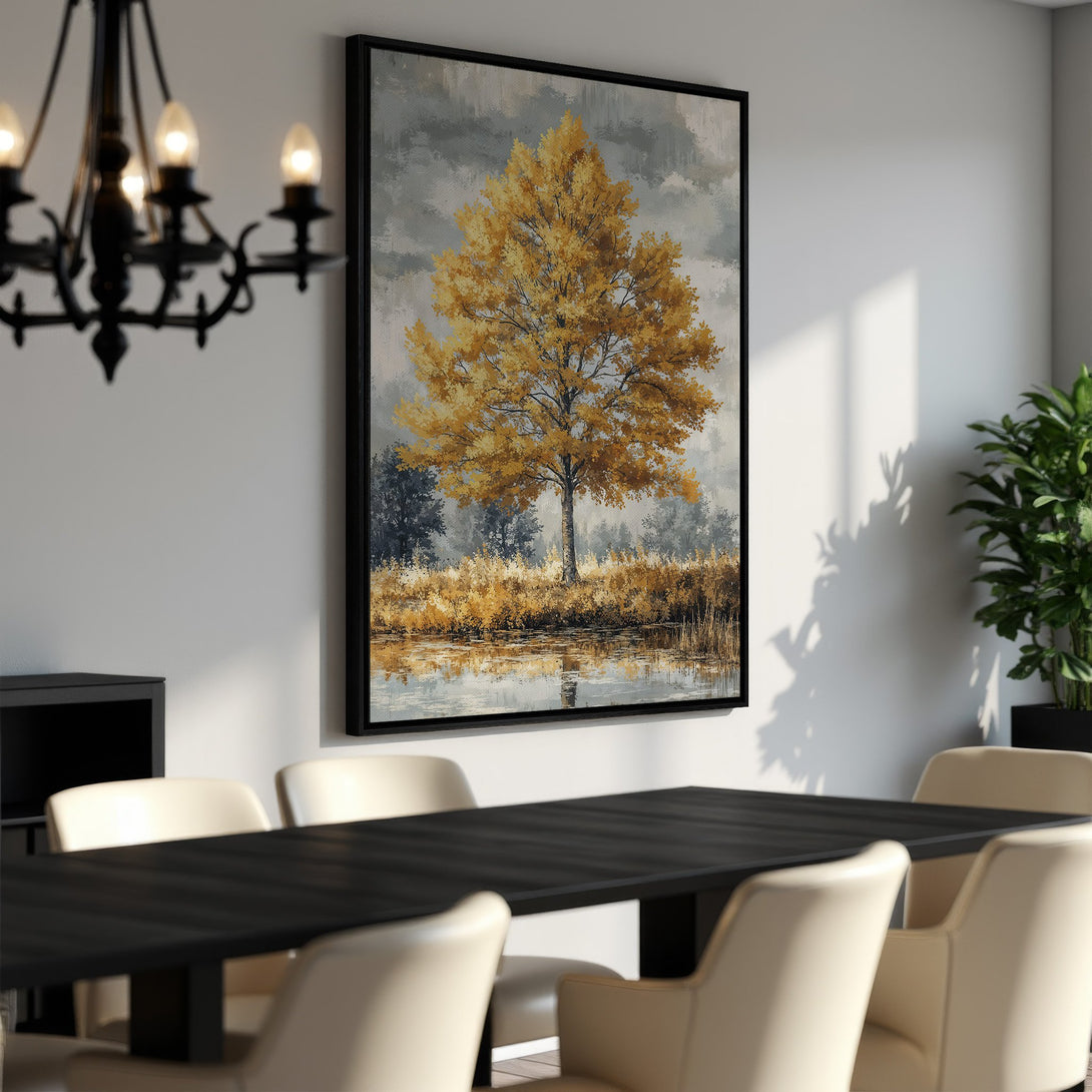 Framed Wall Art featuring a golden tree landscape painting. Warm color palette with yellows, browns, and grays. Perfect for adding a touch of nature to your dining room.
