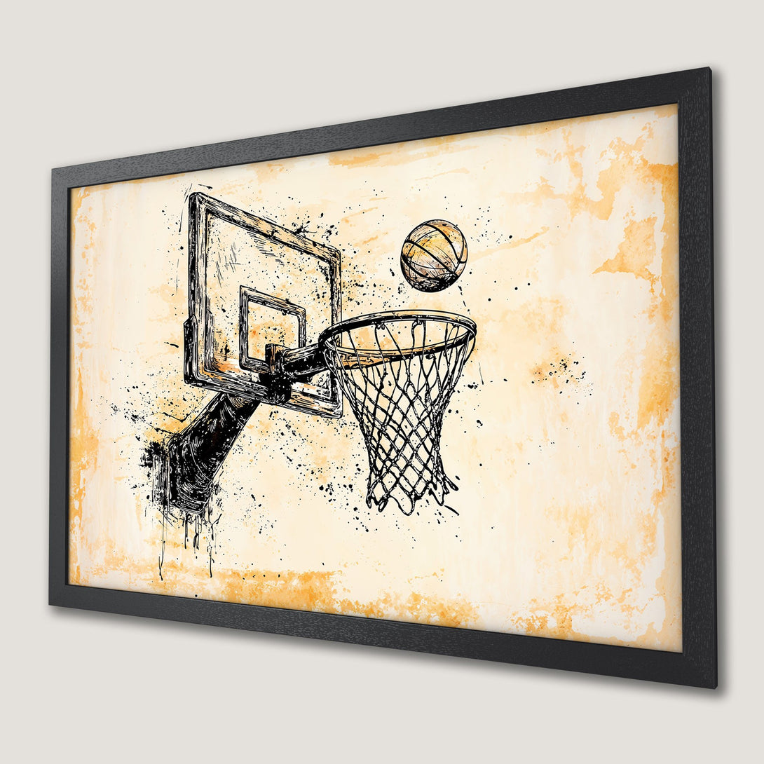 Framed Poster featuring a basketball hoop and ball in a stylish, ink-splatter design with a warm, neutral color palette. Perfect wall art!