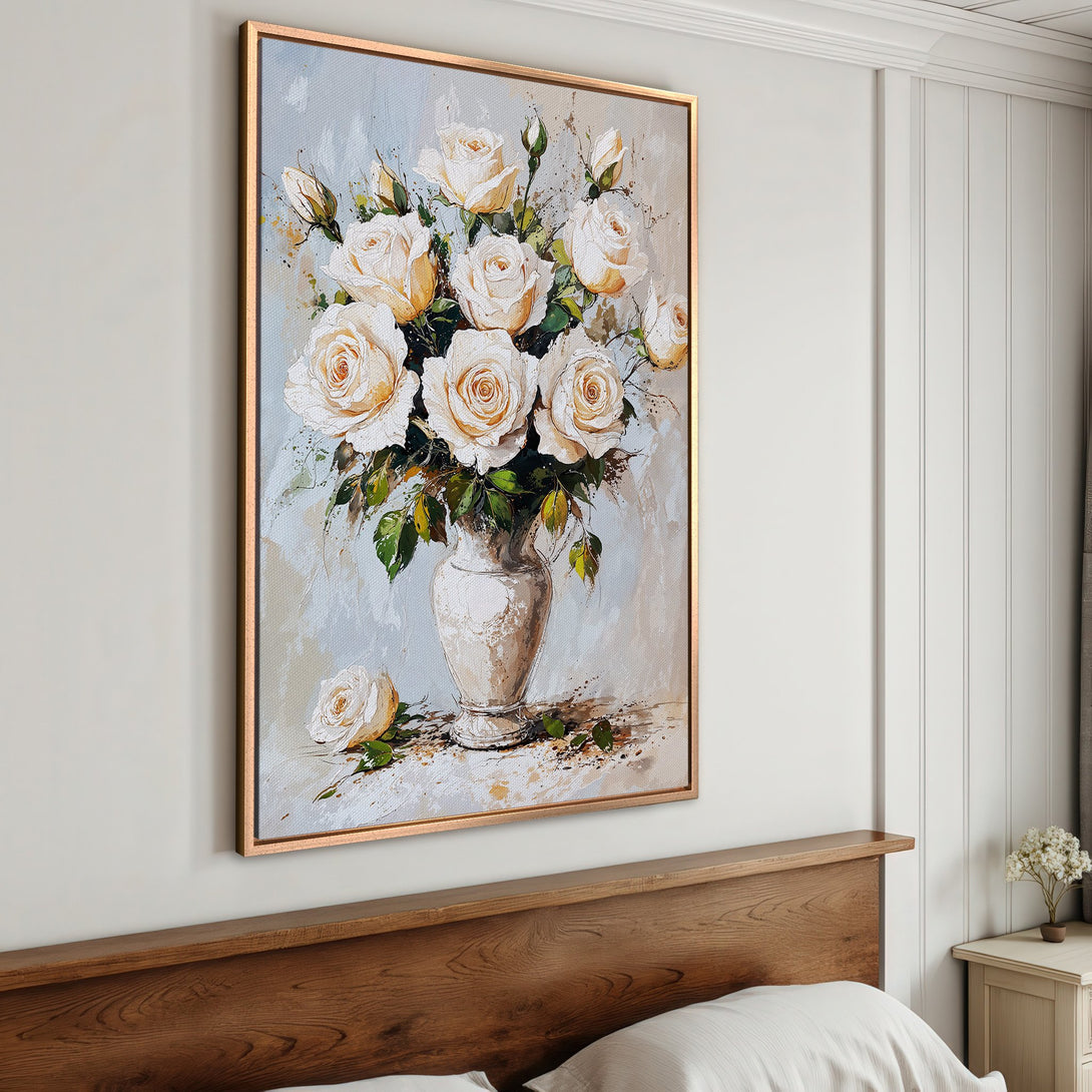 Framed Wall Art: Elegant floral canvas print featuring white roses in a vase. Soft, neutral color palette perfect for bedroom decor.
