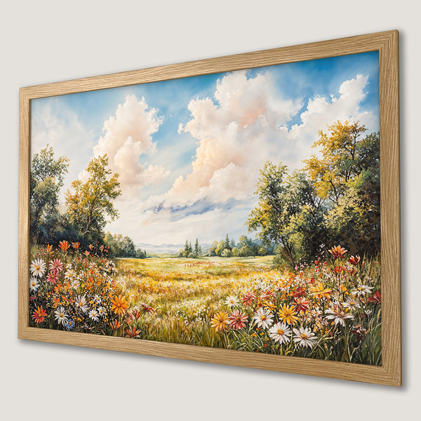 Framed Poster of a vibrant meadow scene with colorful flowers, blue sky, and soft clouds. Warm, inviting color palette. Perfect wall art!