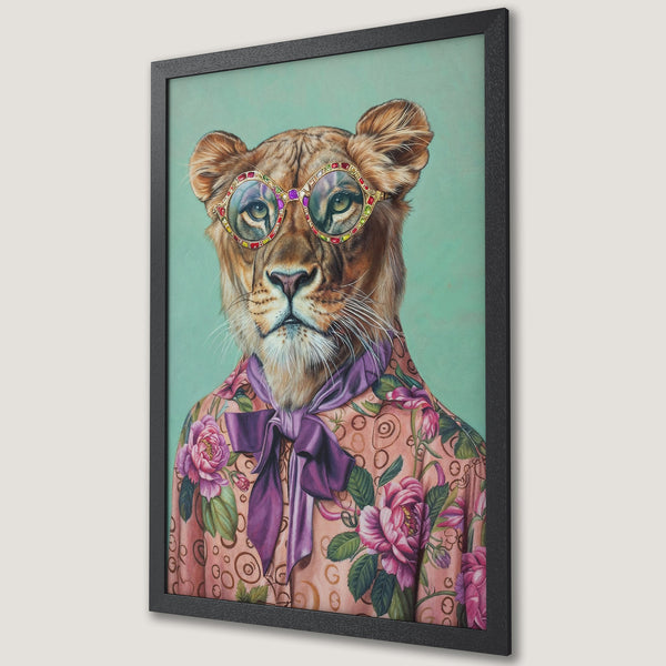 Framed Poster of a stylish lioness wearing glasses and floral shirt. Artistic, whimsical style with a pastel color palette. Perfect wall art.