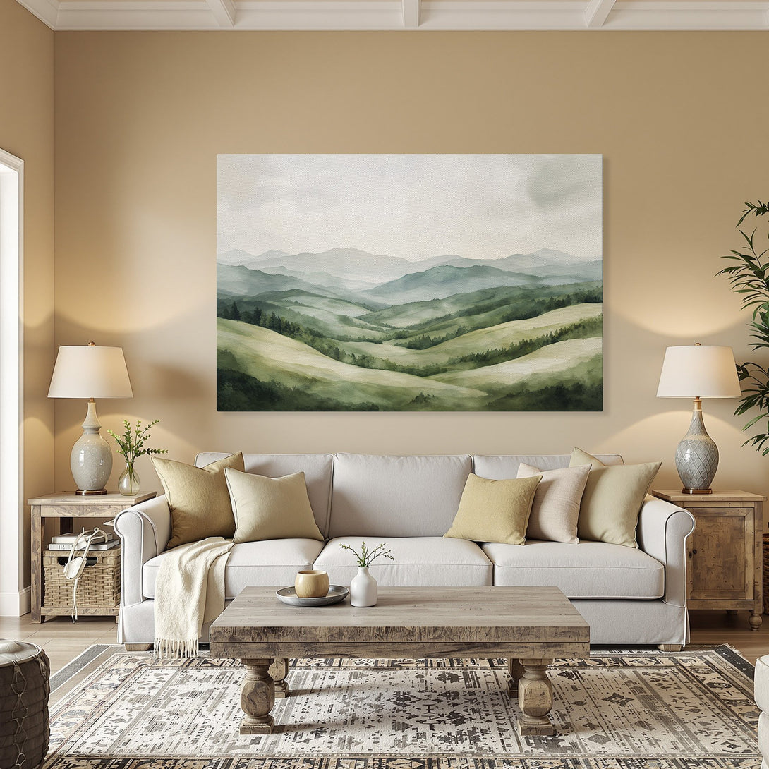 Framed Wall Art of a watercolor landscape in green and gray tones. Adds a touch of nature to any room's decor.