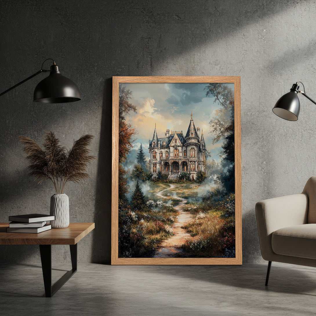 Framed Poster of a castle in a serene landscape. Romantic style with warm, earthy tones and a touch of blue in the sky.