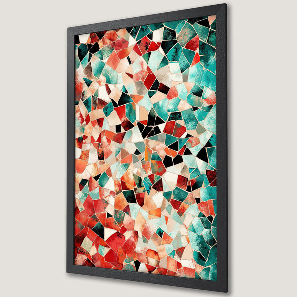 Framed Poster featuring abstract mosaic art in a vibrant red, teal, and gold color palette. Modern art print for your home.